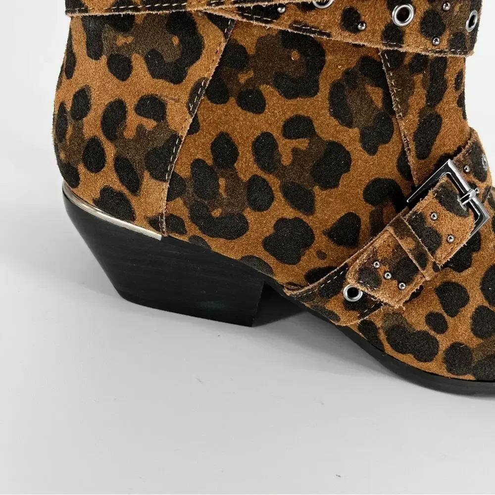 Kenneth Cole Cheyenne Stud Leaopard Suede Ankle booties brown black - 9